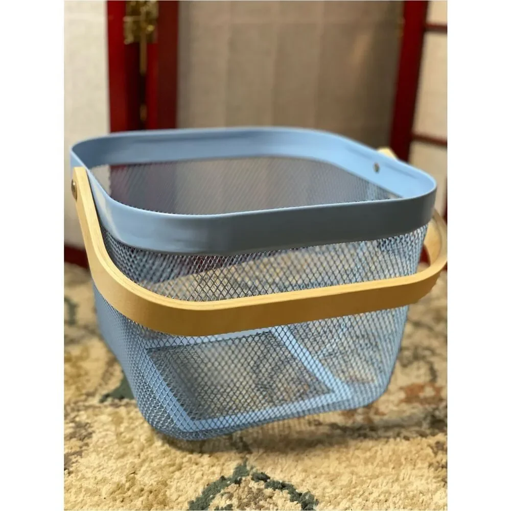 Blue & White Metal Storage Baskets with Natural Wood Handles - Home Accents